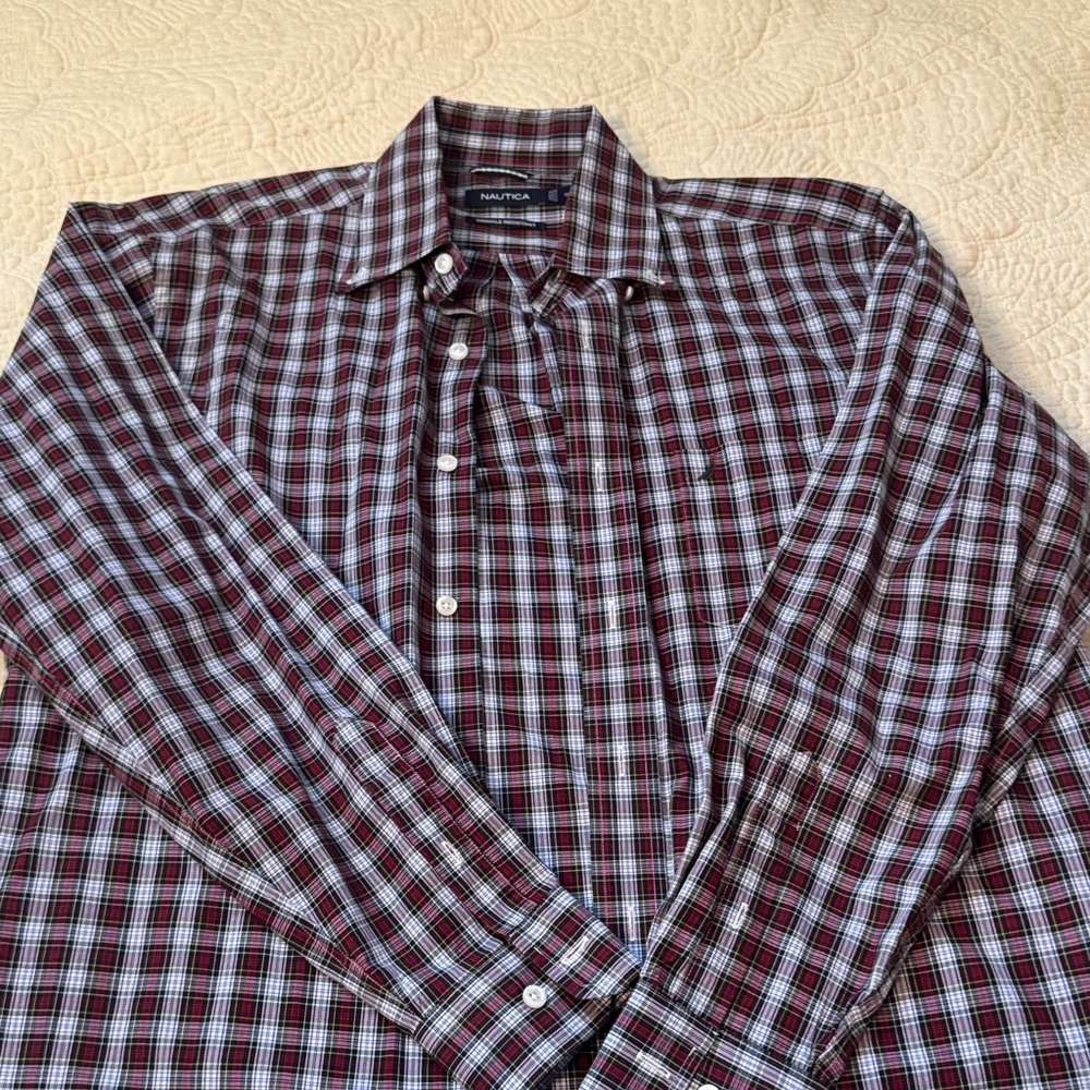 Nautica Men's Plaid Shirt - Maroon and White
